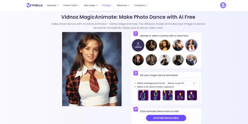 Vidnoz MagicAnimate - 무료 AI 온라인 댄싱 포토 메이커
